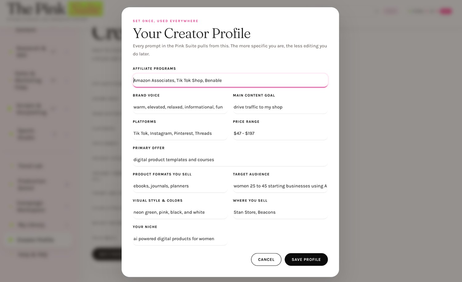 The Pink Suite Creator Profile screen showing saved business details