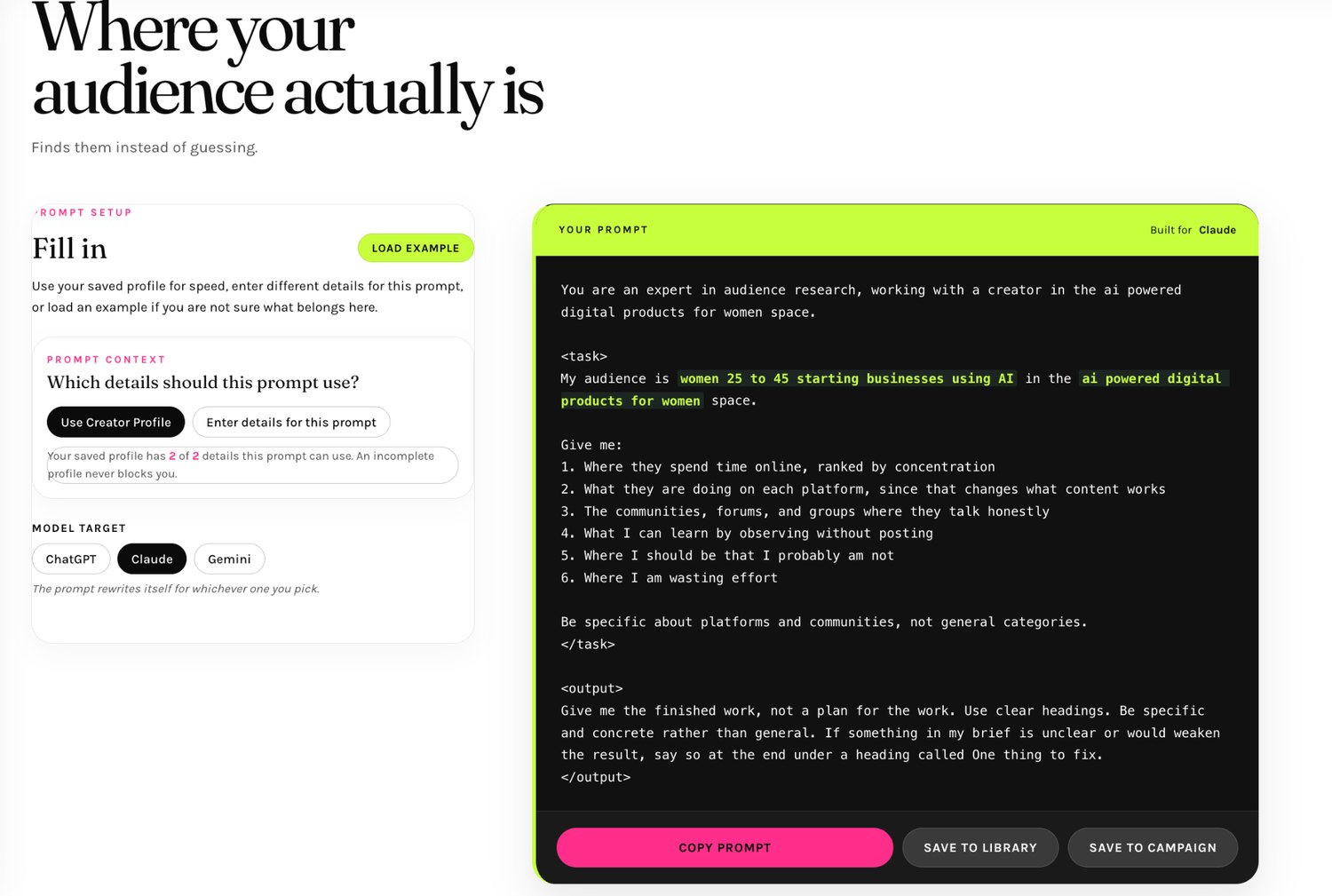 The Pink Suite prompt screen showing a personalized audience research prompt built for Claude