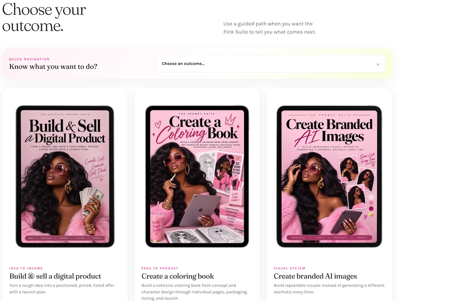 The Pink Suite guided paths screen showing outcomes including digital products, coloring books and branded AI images