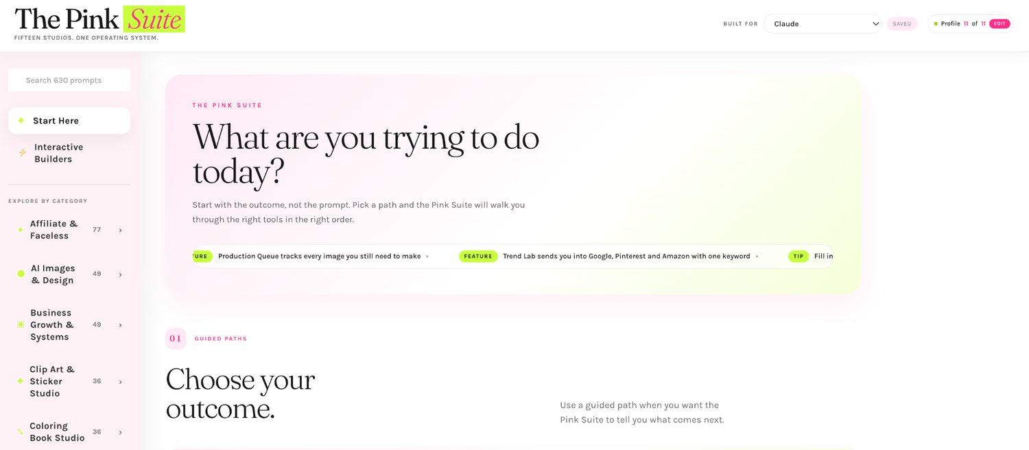 The Pink Suite app interface showing the Start Here page and site layout